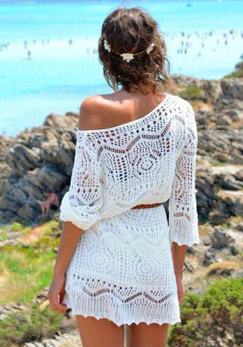 White Halter Crochet Knit Fringe Open Back Tie Up Cover Up - Hot Miami  Styles