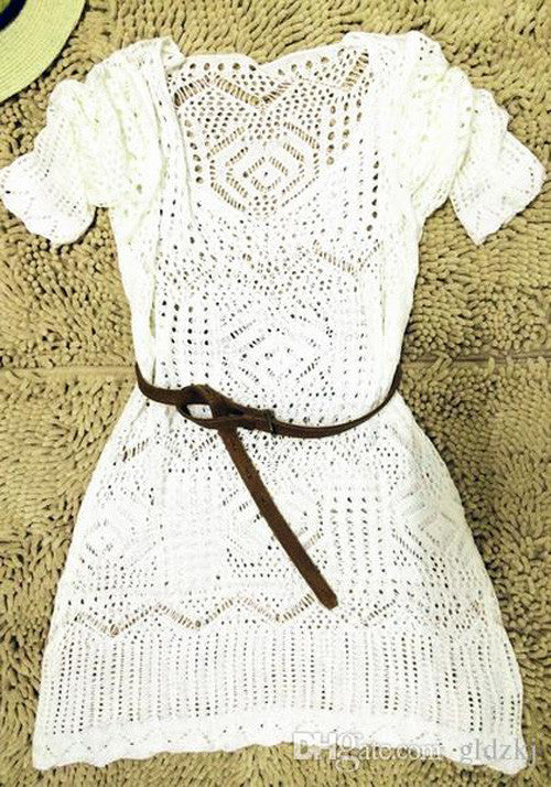 White Summer Lace Crochet Knit Bikini Cover Up with Belt