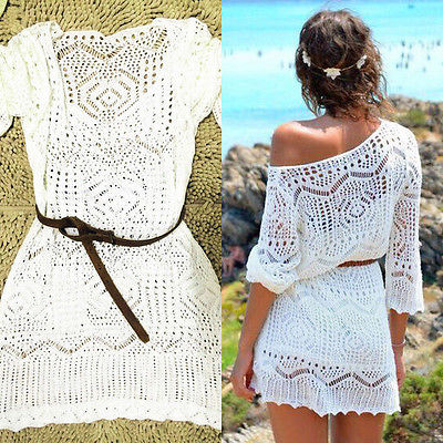 White Summer Lace Crochet Knit Bikini Cover Up with Belt